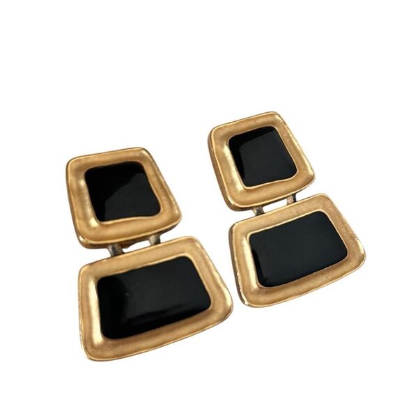 Vintage FO INC Gold Abstract Black Onyx Statement Earrings - Picture 2 of 4